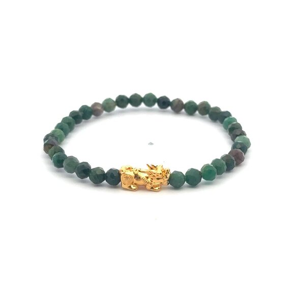 18K Gold Pixiu Piyao Bracelet Gemstone Mini Beads Emerald Micro faceted 4mm May - Picture 1 of 6